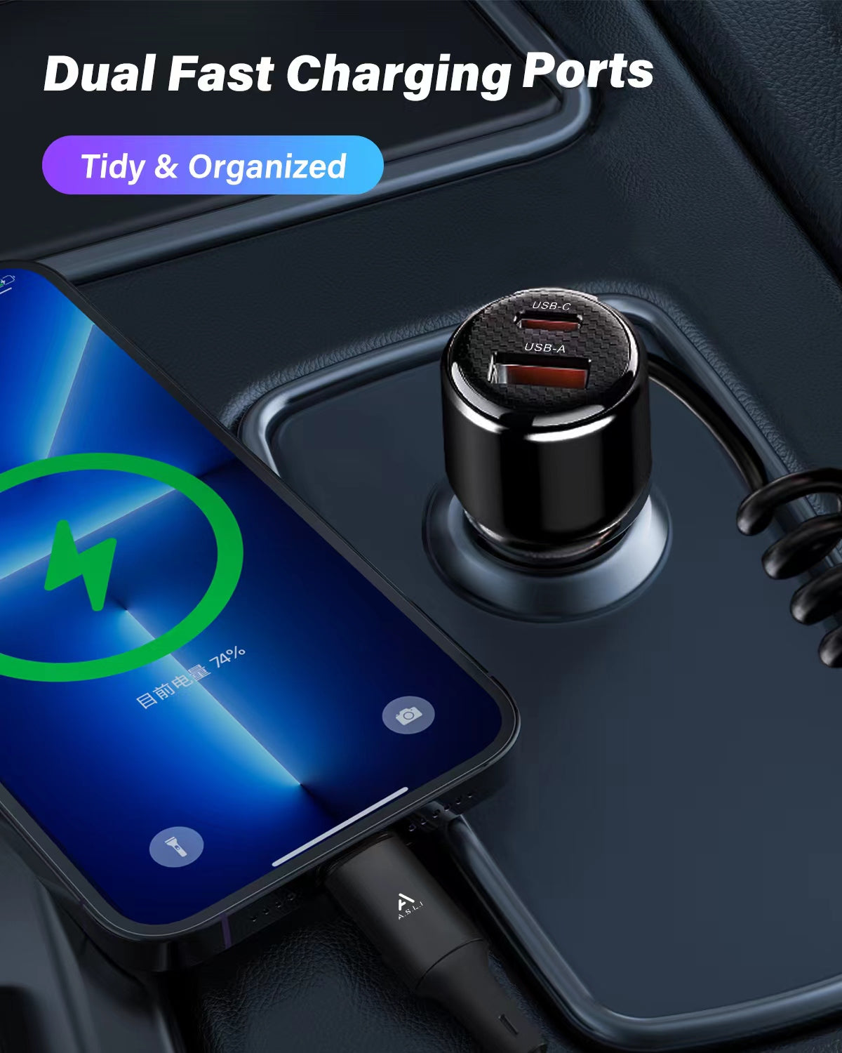 Asli Global POWER RIDE 110W Car Charger with USB-C Cable 2 USB Ports Asli Global POWER RIDE 110W Car Charger with USB-C Cable 2 USB Ports